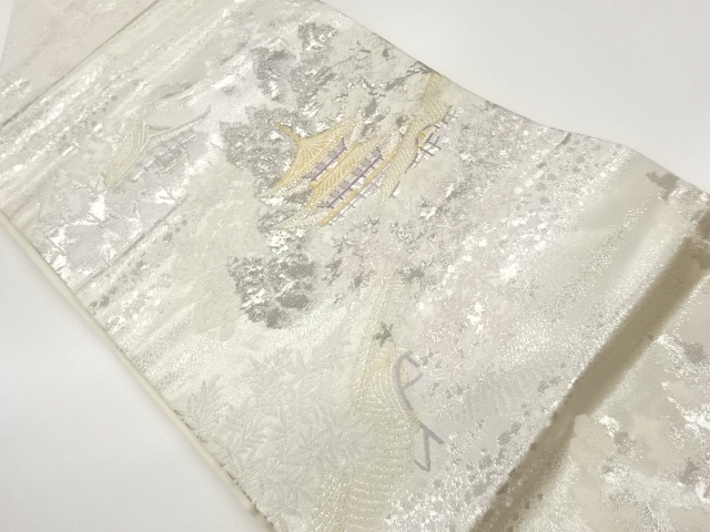 JAPANESE NAGOYA OBI / PLATINUM FOIL / WOVEN KIYOMIZU TEMPLE